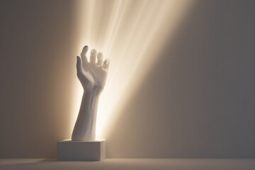 Poster - 3D minimalist abstract hand sculpture gently raised into a beam of warm light emotional symbolism of hope and reaching for clarity