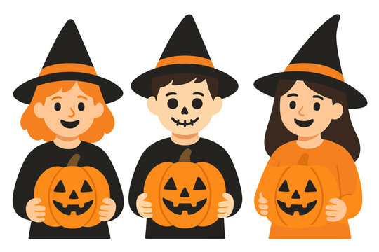 Vector illustration of cute kids wearing Halloween costumes with Trick or Treat texts