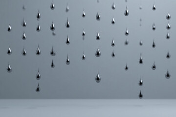 Poster - 3D minimalist droplets appearing to fall upward against a flat gray surface emotional reversal or surreal rejection of reality symbolic motion