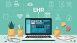 © ST.art - Electronic health record displayed on laptop screen with medical equipment in a clinical workspace environment and icon, vector flat illustration