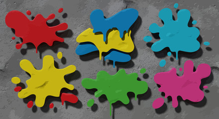 Poster - Colorful paint splatters on a textured grey wall create a vibrant and playful scene