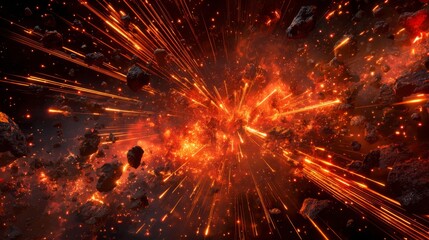 Poster - Dramatic Explosion with Orange and Red Energy Beams and Sparks Creating a Fiery Cosmic Scene