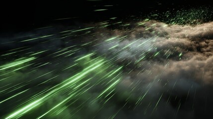 Poster - Ethereal Green Light Streaks Cutting Through Dusty Atmosphere with Glowing Particles in Dramatic Display