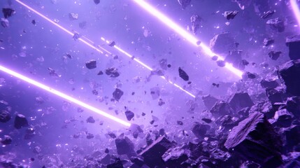 Poster - Glowing Violet Beams in Abstract Motion Through Cosmic Stone Debris