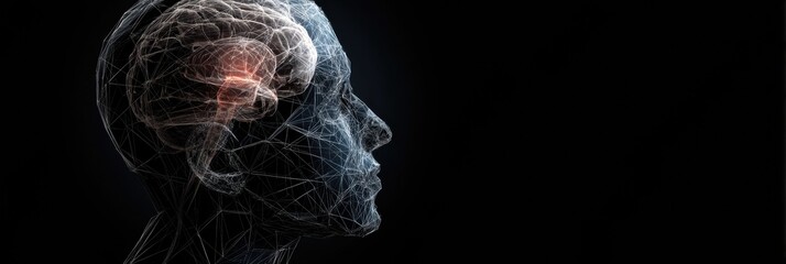 Poster - Minimal Wireframe Head Showcasing Highlighted Brain Area Against a Blank Background
