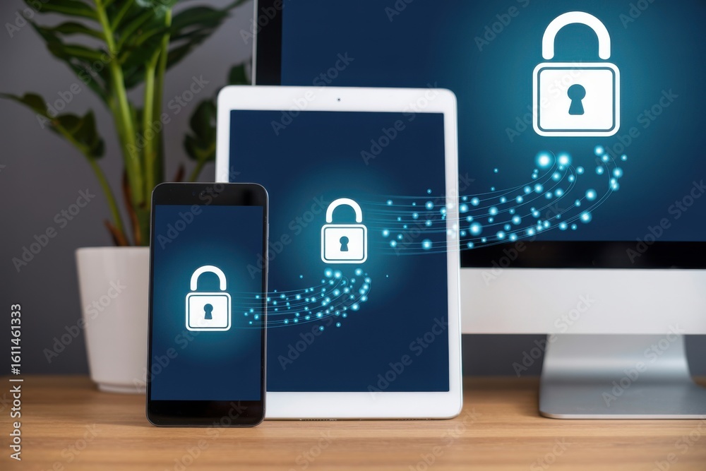 Visual Reference: Phone Tablet And Computer Displaying Lock Icons Interconnected By