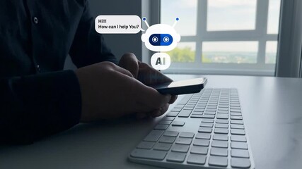 Poster - Customer person using chat service to get support.Online support Chatbot conversation.Virtual assistant, artificial intelligence Bot and CRM software automation technology. Chatgpt Chat with AI.