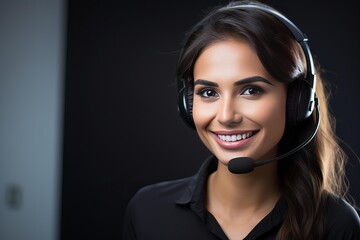 Poster - Friendly female call center agent wearing a headset is smiling while helping customers