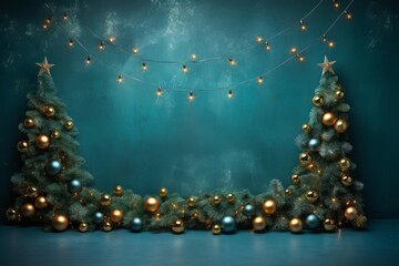 Poster - Christmas studio setting with string lights and decorated christmas trees with teal wall background, perfect for holiday season