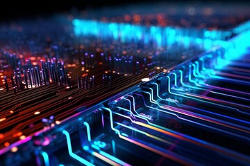 Poster - Complex electronic circuit board transmitting data with glowing neon lights, representing technological advancement and innovation