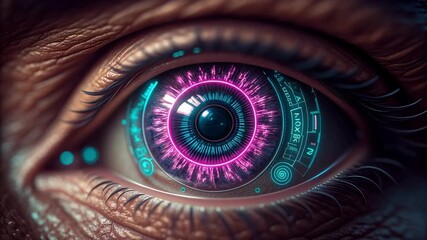 Poster - Close Up of Human Eye with Futuristic Digital Interface Overlay Featuring Vibrant Pink and Blue Hues Suggesting Advanced Technology