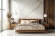 © Nice Seven - Modern bedroom with a wooden bed, neutral bedding, marble accent wall, large windows, and minimalistic decor including pampas grass and pendant lights.