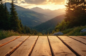 Wall Mural - wooden deck overlooking a lush forest valley with mountains in the distance under a golden sunset sk