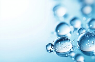 Poster - Close-up of transparent water droplets on a smooth surface with soft light reflections and a calm, blue-toned background.