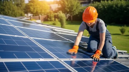 Renewable Energy Technician Working on Solar Panel Array on Sunny Rooftop