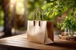 © Sana - Natural Recycled Paper Shopping Bag on Rustic Table in Warm Sunlight – Cozy 3D Lifestyle Render