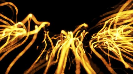 Poster - Abstract animation, golden glowing lines and particles dance on black background, creating dynamic, energetic, and mystical visual effects