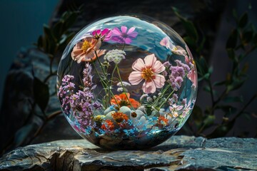 Poster - Beautiful colorful flowers are growing inside a crystal ball placed on a rock, creating a miniature magical garden