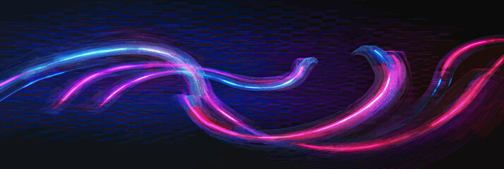 Poster - Abstract neon light trails with dynamic curved shapes glowing in blue and pink colors on dark background digital vector illustration for speed and motion concepts