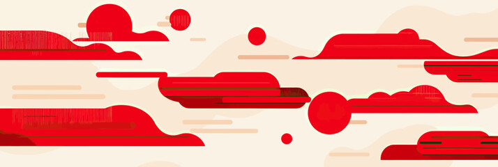 Poster - Abstract red oriental clouds vector illustration with minimalist flat design and Asian cultural decorative elements on beige background for festive themes and modern art composition