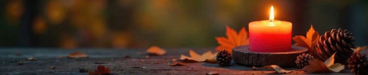 Wall Mural - Cozy autumn evening scene featuring a flickering hearth candle on a rustic wooden surface, surrounded by autumn leaves and pine cones, creating a warm and inviting ambiance , glow, candle, yellow