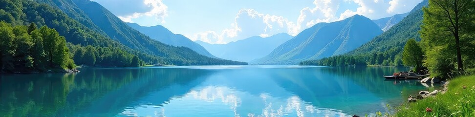 Wall Mural - Serene blue waters of a pristine lake reflect the vibrant summer sky, surrounded by lush green trees and tranquil mountains  A perfect representation of untouched natural beauty ,  fauna,  sky