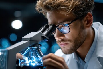 Poster - Scientist examines sample through microscope in laboratory setting with advanced technology
