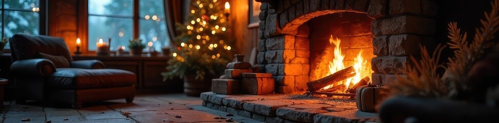 Sticker - a crackling fireplace, adorned with decorative elements, casts a warm, inviting glow on a rustic int