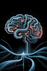 Wall Mural - Cybernetic brain, circuit board design, glowing nodes, neural network, digital intelligence.