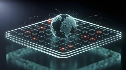 Wall Mural - Digital globe hovering above a glowing grid, representing global networks and data.