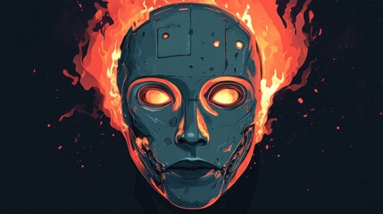 Wall Mural - flaming robotic face, digital art, ai, futuristic, technology, burning, metal, head, fiery, expressi