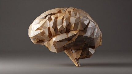 Poster - Geometric Low-Poly Representation of a Human Brain on a Neutral Backdrop Showcasing Intricate Shapes and Textures
