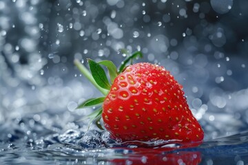 Poster - Ripe red strawberry making splash in clean water with beautiful bokeh effect