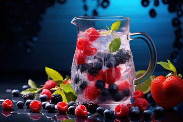 Poster - Glass pitcher full of refreshing summer drink with ice, raspberries, blueberries and mint on a dark reflective surface