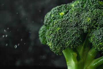 Poster - Close up of fresh broccoli florets getting splashed with water droplets, emphasizing its freshness and vibrant green color