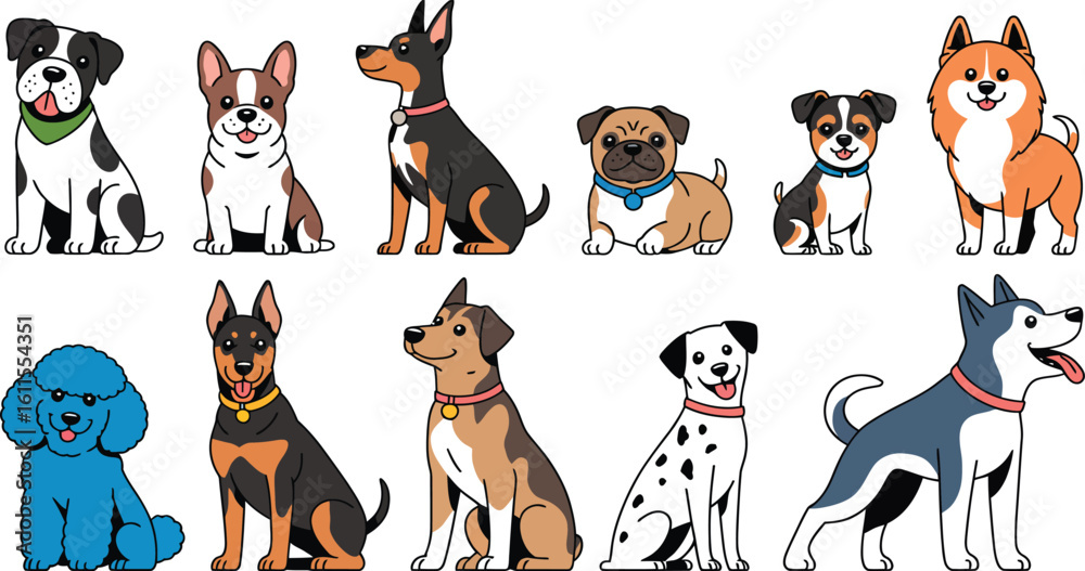 Vector illustration collection of various dog breeds. A set of cute ...