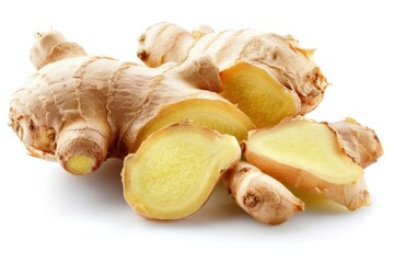 Poster - Fresh ginger root with slices, showcasing its vibrant color and texture, isolated on a white background