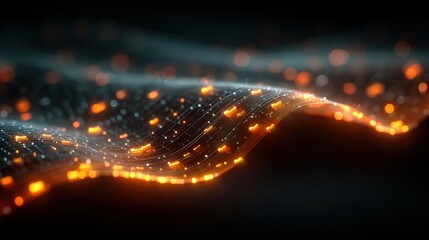 Poster - A glowing wave of interconnected golden particles flows dynamically against a dark background, evoking futuristic technology and digital data visualization.