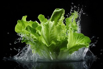 Poster - Green lettuce making splash in water against black background