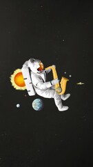 Wall Mural - surreal video concept of an astronaut playing a saxophone in space. side angle captures planets and 