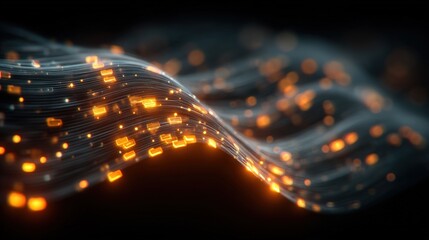 Poster - Abstract glowing orange digital wave with flowing lines and light particles against a dark background, representing data or technology transmission.