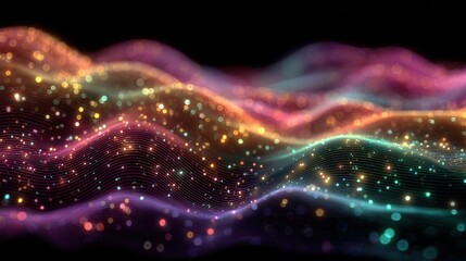 Poster - Colorful glowing waves of light and particles create an abstract, dynamic digital landscape with flowing lines and a sense of depth on a dark background.