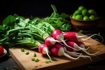 Poster - Bunch of vibrant red and white radishes with green leaves on a wooden cutting board, ready for culinary use