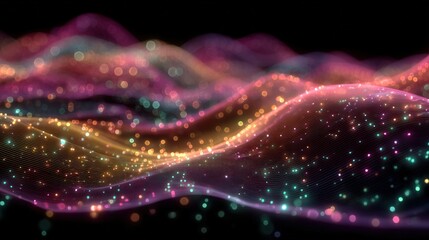 Poster - Colorful digital waves with glowing particles form a dynamic, abstract landscape against a black background, symbolizing data flow and modern technology.