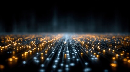 Poster - A futuristic digital network with glowing blue and orange nodes connected by light trails, symbolizing data flow and advanced technology.