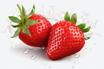 Poster - Two ripe strawberries making a splash in liquid, ideal for advertising healthy food