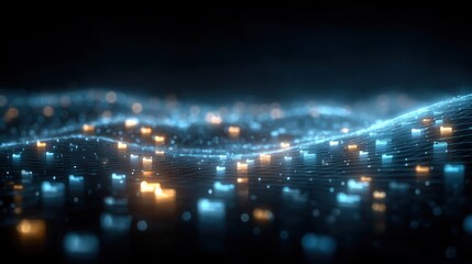 Poster - A futuristic digital landscape with glowing blue and orange lights forming wave-like patterns on a dark background.