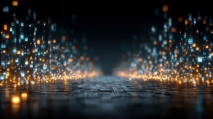 Poster - A futuristic digital corridor with glowing blue and orange data streams floating above a circuit-like floor, creating a high-tech, cybernetic atmosphere.