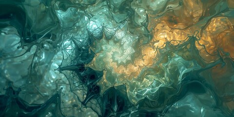 Abstract teal and gold fractal pattern with swirling designs and intricate web like formations visible