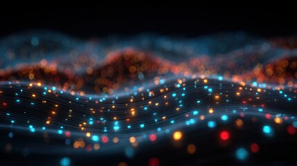 Poster - Abstract digital waves composed of glowing blue and orange dots create a futuristic, dynamic light pattern against a dark background.